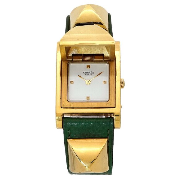 HERMES Medor Vintage pyramid Gold studs Quartz White Dial Ladies - Picture 11 of 13